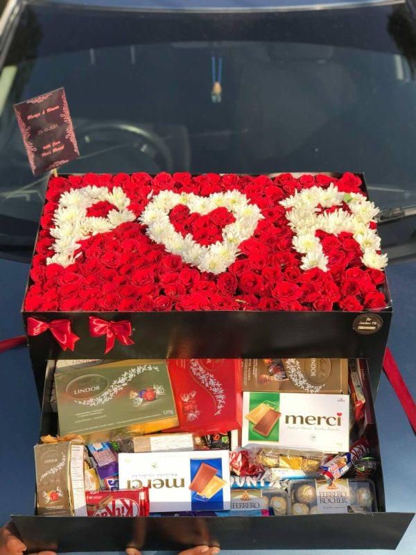 XXL wedding rose box with chrysanthemum lettering and chocolate drawer by The LuvBox PK