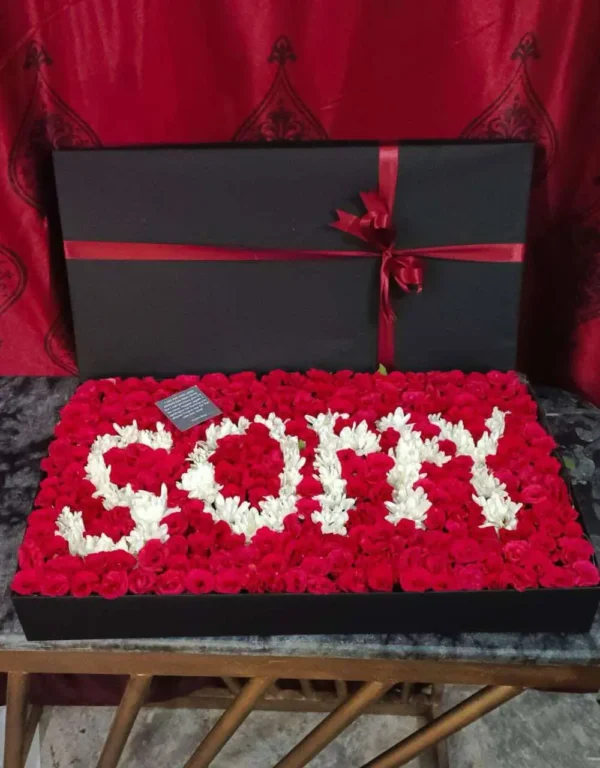 Sorry Box – XXL Red Rose Box with 'SORRY' in White Flowers & Balloons
