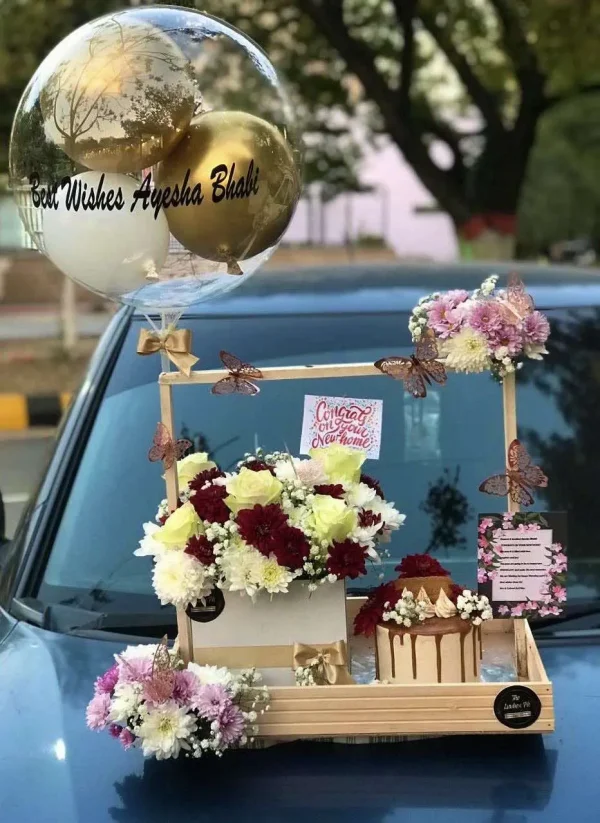 Aesthetic wooden basket with custom balloon, flower box & cake – The LuvBox PK gift shop in Islamabad