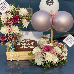 Wooden Tray with Custom Cake and Flowers – Floral Bliss Tray by Gift Shop Islamabad