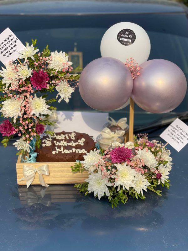 Wooden Tray with Custom Cake and Flowers – Floral Bliss Tray by Gift Shop Islamabad