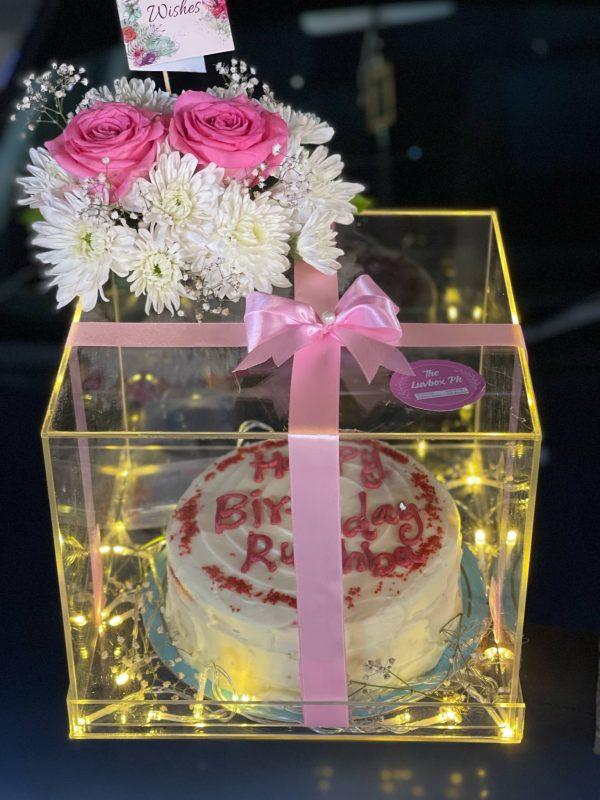 Luxury acrylic box with custom cake and elegant flower decor – The LuvBox PK