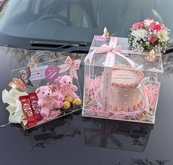 Luxury acrylic box combo with cake, cage, chocolates, and mini bears – by The LuvBox PK gift shop in Islamabad