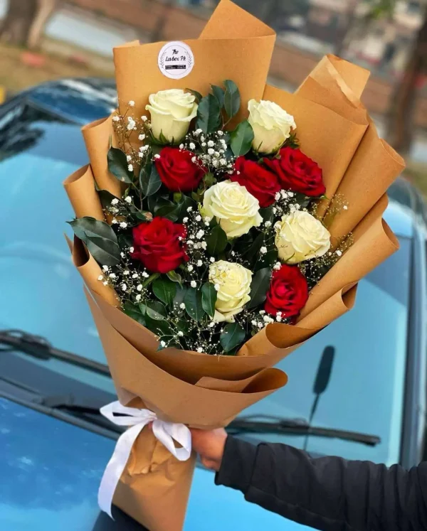 Rustic Romance – White & Red Rose Bouquet in Brown Wrap | Gift Shop Islamabad – Gift Shop Islamabad - Image 3
