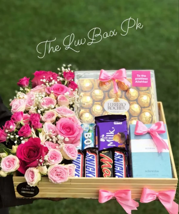 Mother’s Day gift box with branded perfume, chocolates, and fresh flowers – gift shop in Islamabad