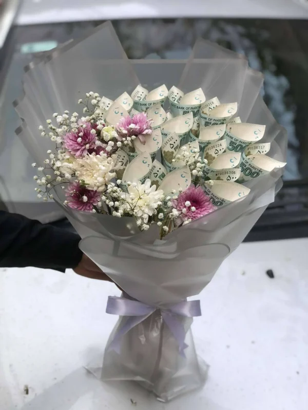 Luxury Mother’s Day money bouquet with flowers and cash notes – flower shop in Islamabad
